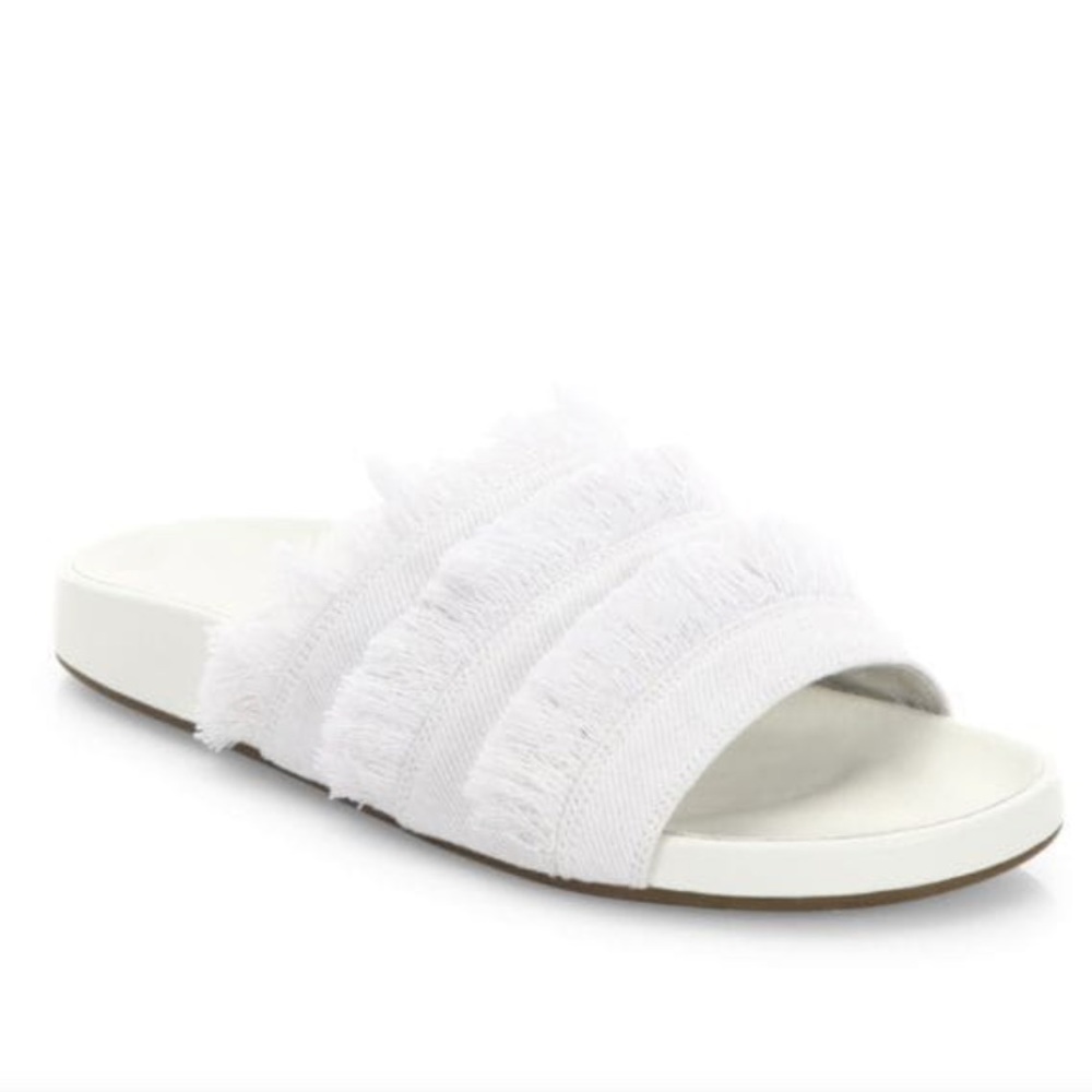 Joie Women's Jaden Slide Flat Sandals White Leather Denim Fringe Frayed 36.5 6.5